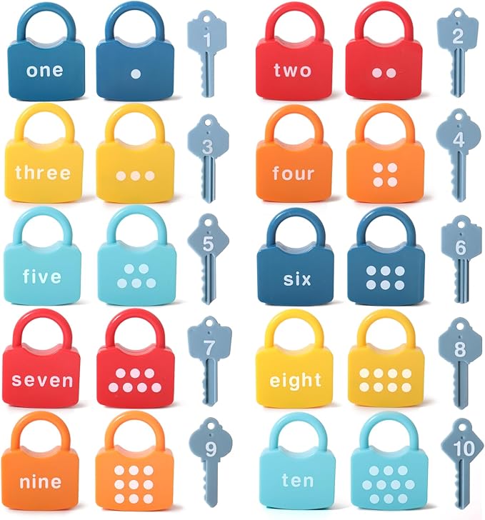 Dinhon Montessori Number Lock Key Toy Learning Game for 3-5 Years Old Kids | preschool educational toy Numbers Matching & Counting Game Boy and girl holiday gifts