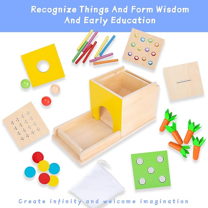 Montessori Toddler Play Kit Montessori Box Toys for 1 Year Old 2 Years Baby Learning Toys Gift Carrot Harvest Game, Matchstick Color Drop Game and Coin Box (5-for-1) | Object permanence, drop, carrot, coin - builds motor skills and hand-eye, durable, c...