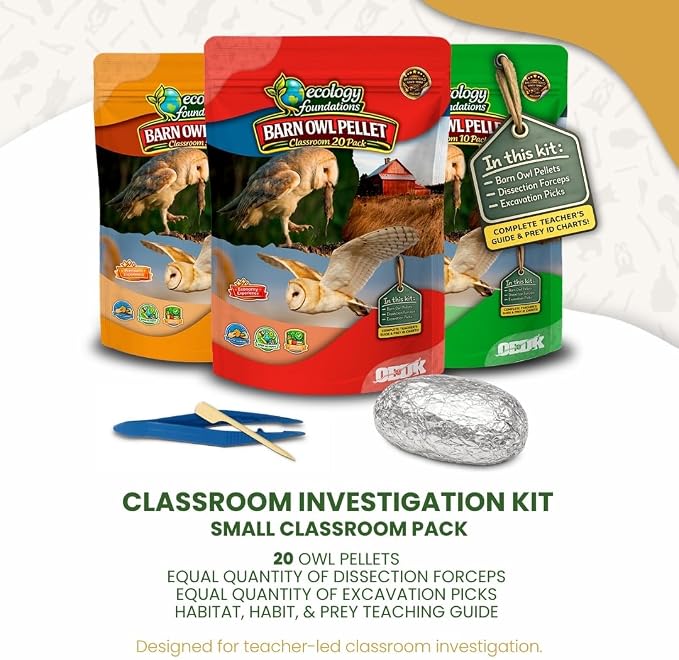 Barn Owl Pellets for Dissection for Classrooms, Small 20-Pack Kit by OBDK | Forceps, picks and instructor guide included, life science and ecology, bone sorting chart, hands-on lab activity