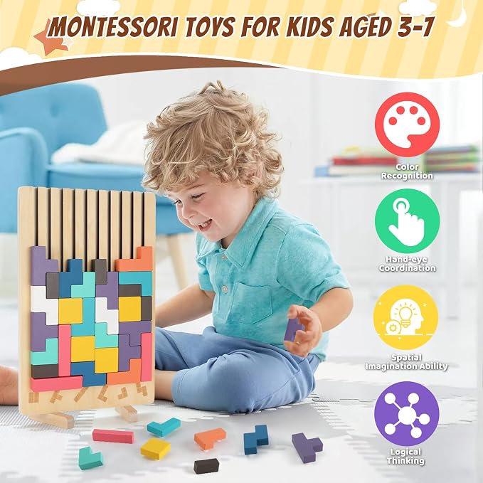 Wooden Stacking Puzzle Toy, 3D Colorful Wood Russian Blocks Puzzle Games Brain Teasers Montessori Toys for Toddler Kids 3 4 5 6 7 Years Old Boys Girls (Colorful A)