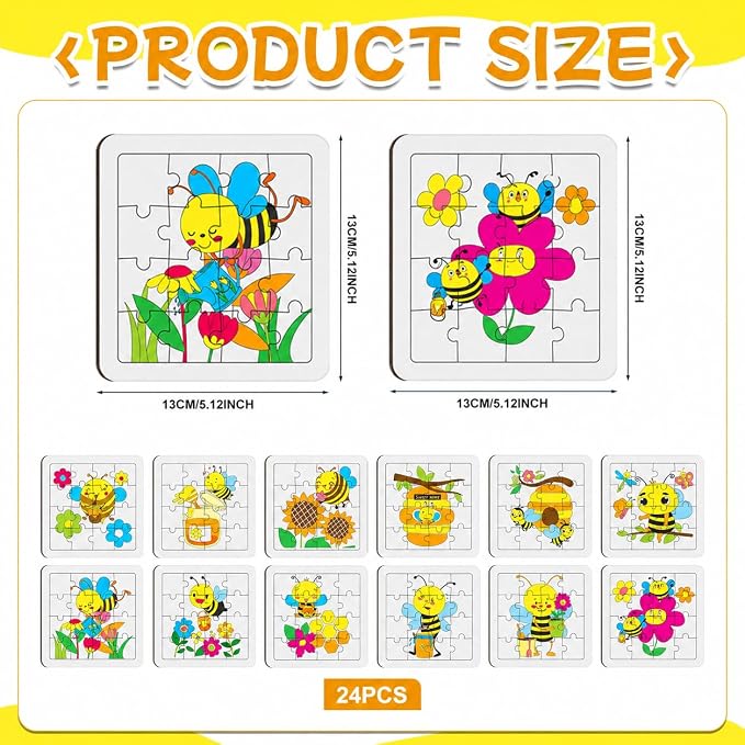 Cinrobiye 24 PCS Bee Coloring Jigsaw Craft Kit for Kids, DIY Bumblebee Activity Set Bulk with 12 Designs, Spring Insect Party Favors, Classroom Art Projects, Summer Decorations