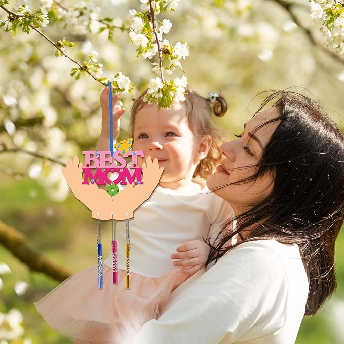 Fennoral 9 Pack MOM Wind Chime Kit for Kids Make You Own Mother's Day Wind Chimes DIY Coloring Mother's Day Wooden Art and Craft for Art Activity Mom's Birthday Decoration Mum Gifts