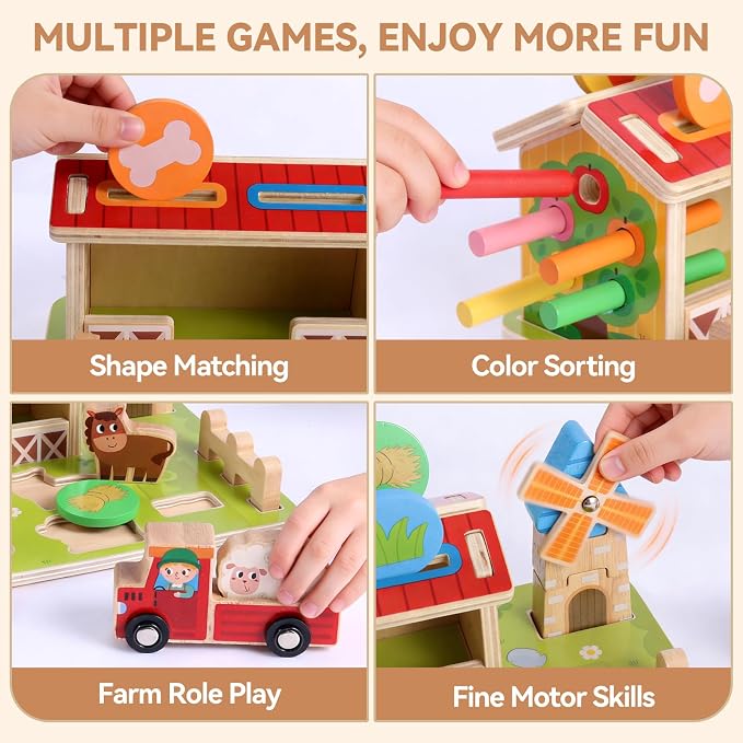 FIIOEOY Wooden Montessori Toys, Farm Animal Barn for Toddlers 1-3 Year Old | Colour Shape Sorting, Sorting & Stacking, Pretend Play, Educational Learning Toy, Fine Motor Skills, Birthday Gift