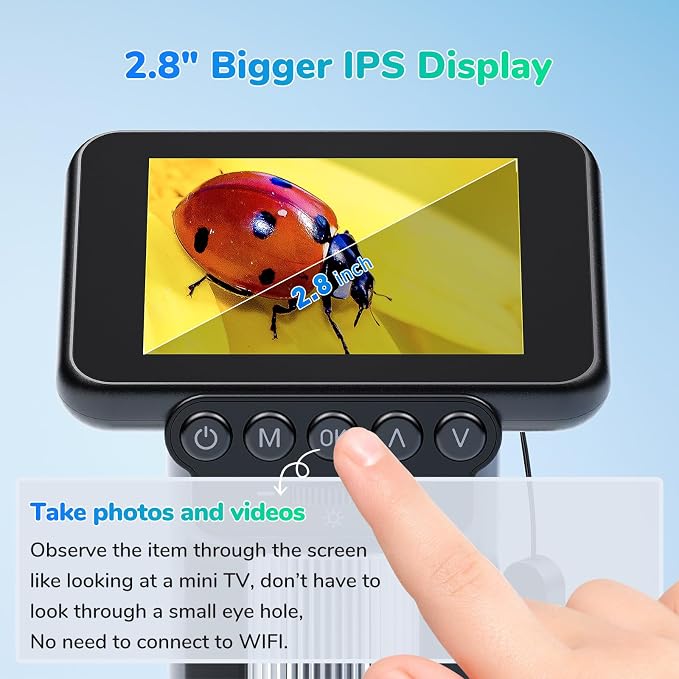 LM013 Portable Digital Microscope with 2.8" LCD Screen | 1080 FHD Video, 12MP Handheld Microscope for Kids, 120X USB Coin Magnifier for Adults, 8 LED, Microscope Slides, PC View