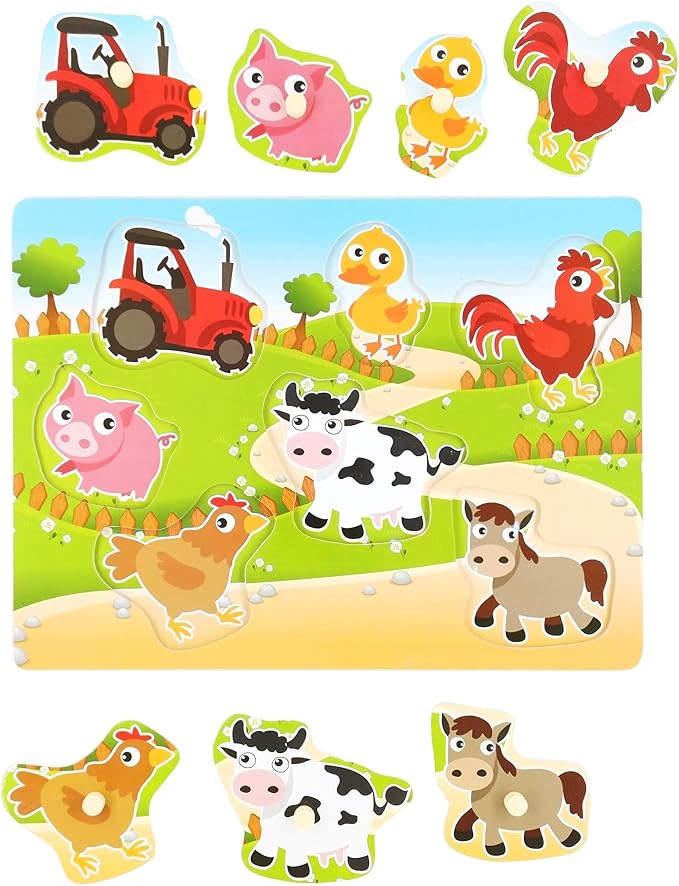 Wooden Puzzles Farm Chunky Baby Puzzles Peg Board, Full-Color Pictures for Preschool Educational Jigsaw Puzzles, 7Pieces