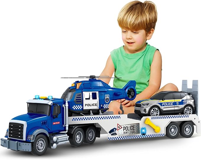 Kids Toys for 3 4 5 6 7 8 Years Old Boys, 20.5" Police Truck Toy with Racing Car and Helicopter, Toddler Friction Powered Truck Vehicle Toy with Lights, Sounds for Boys Girls Christmas Birthday Gifts