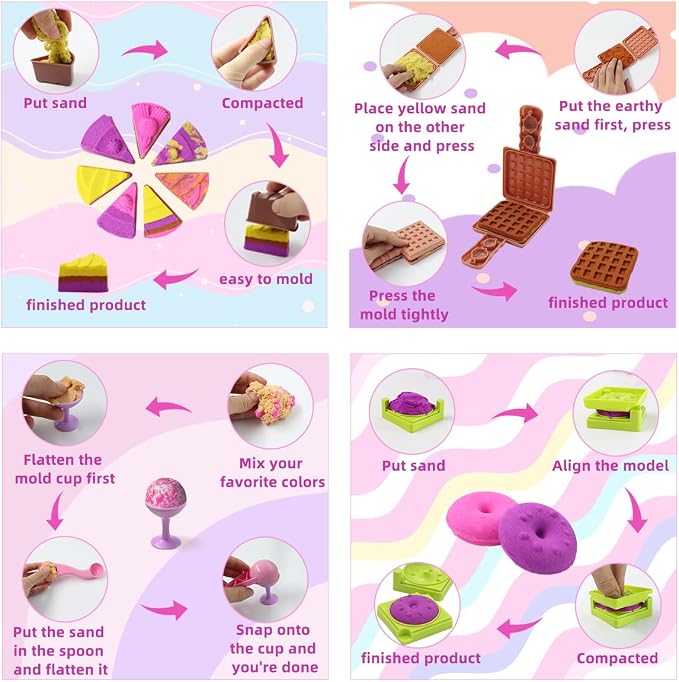 Bakery Sensory Sand Kit - 40PCS Baking & Ice Cream Shop for Girls, 2lbs Colorful Magic Sand, Cake/Cookie/Waffle/Ice Cream Molds, Tools, Portable Storage | Creative STEM Gift for Kids Ages 3-8