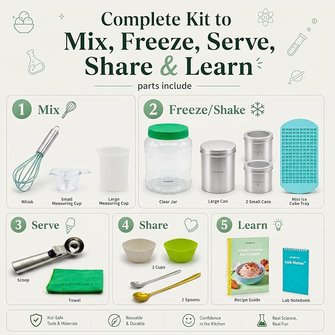 Ice Cream Science Kits for Kids, Make Real Ice Cream Sorbet and Frozen Treats, Ice Cream STEM Set for Kids, Science Experiment Kit with Visual Recipe and Lab Notebook, Gift for Ages 5+