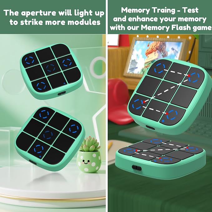 KOQQQ Rechargeable Tic-Tac-Toe Bolt Game, Upgraded 4-in-1 Handheld Puzzle Console, Electronic Educational Memory Game, Portable Travel Car Ride Board Games for Kids Adults (Cyan)
