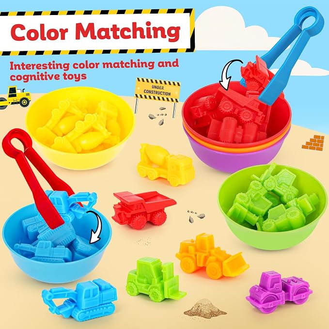 Counting Construction Vehicles Color Sorting Matching Games for Kids 3-5, Preschool Educational Learning Fine Motor Counting Transportation Matching Classroom Sensory Table Toys for Boys Girls
