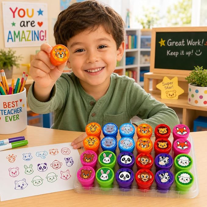 Cinrobiye 24 Pcs Animal Stampers for Kids, Pre-Inked Safari Zoo Party Favor Set, Animal Theme Birthday Party Supplies, Classroom Rewards, Goody Bags, Piñata Fillers