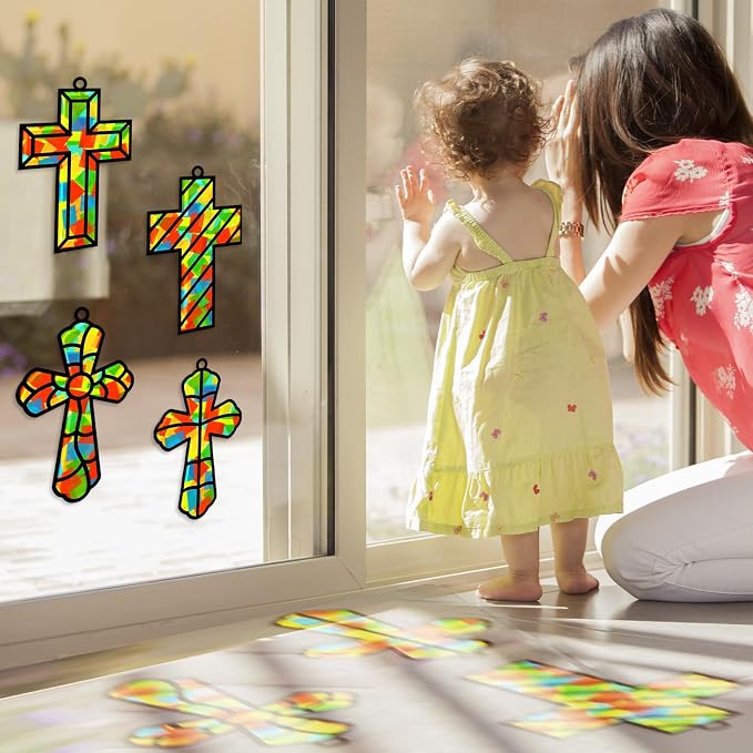 Lonfliness 32 Set Cross Suncatchers Craft DIY Religious VBS Window Stain Glass Effect Paper Christian Home Sunday Easter Decorations Art Craft Creative Activity Project Gift Favor