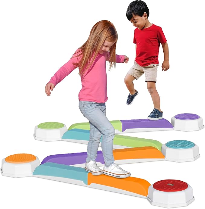 Acorn Avenue Balance Beam & Stepping Stones 13 Pc - Sensory - Toddler | Plastic Build, 5 Textured Platforms, 8 Color Blocks, 20 x 11 x 11 in, Up To 110 lb, Ages 2-12y, Indoor Outdoor Play