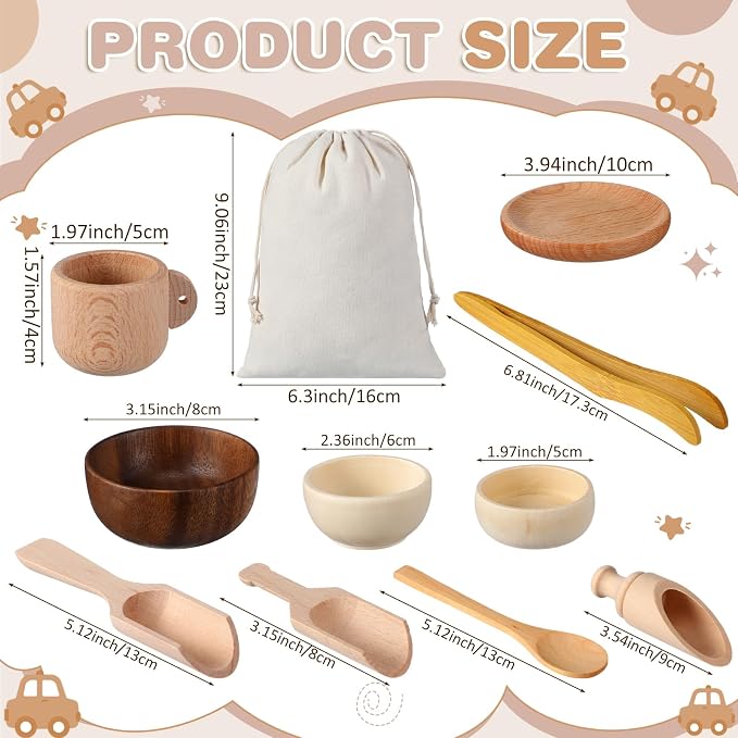 11 Pcs Sensory Bin Tool Sensory Tools for Boys and Girls Fine Motor Skill Toys Wooden Spoons Bowls Plate with Other Tools for Transfer Work and Fine Motor Learning (Wood)