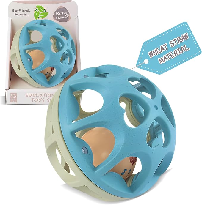 Baby Rattle, Soft Teething Montessori Sensory Toy for 3-6M | BPA-Free Wheat Straw, Open-Hole Grip, Rattle Sound, Teething Play, Fine Motor Skills, 3-6 Month Christmas Gifts