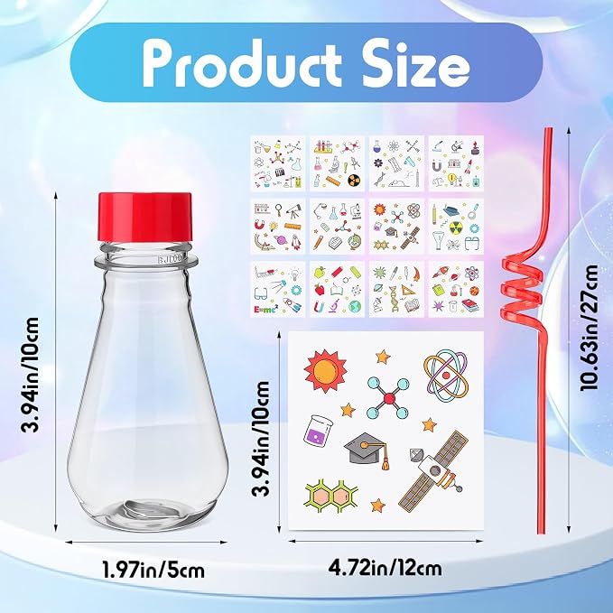 Jingmore 36 Pcs Science Party Theme Cups Set with Silly Loop Straws Science Stickers Plastic Reusable Small Conical Flask Bottles Test Tubes for Birthday Party Decorations(Conical Flask)