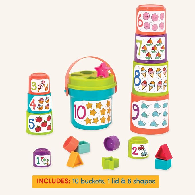 Battat Stacking Cups Shape Sorter, Sort & Stack Nesting Cups Set, Toddler | 19-piece toddler set with 10 nesting cups, 8 shapes, and shape sorter lid for stacking, sorting, water and sand, 18+ Months