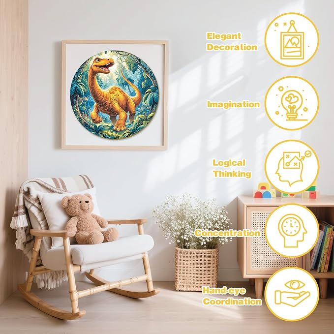 Dinosaur Wooden Puzzles for Kids - Diplodocus | 50 Piece Puzzles for Kids Ages 6-8, Kids Puzzles with Unique Animal Shapes, Round Gifts for Girls and Boys (11.4 * 11.4 in)