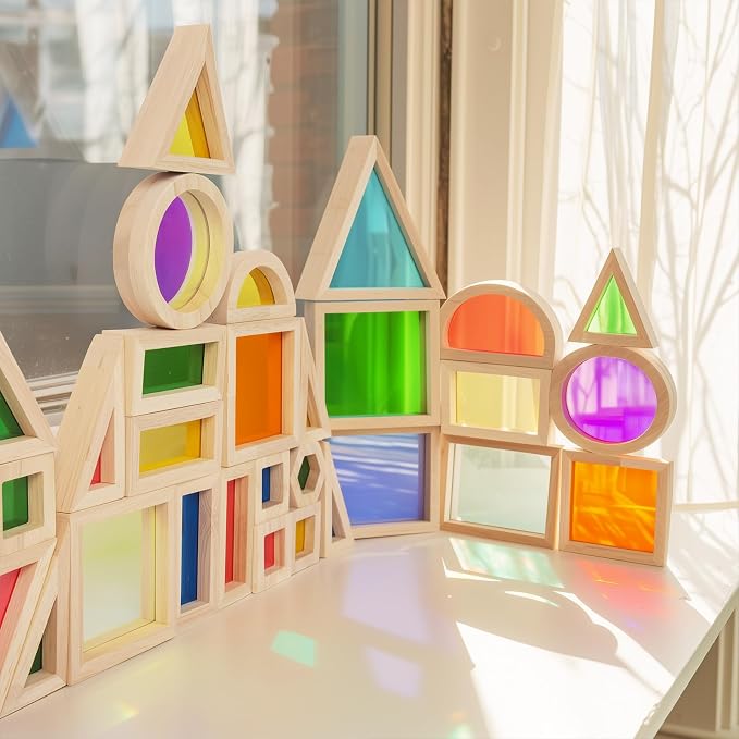 WOODENFUN Wooden Building Blocks Set for Kids, 32 Pcs Rainbow Stacker Game | Stacking Construction Toy,Preschool Colorful Montessori Educational Toy,Geometry Acrylic Blocks,Birthday Gift for Toddlers