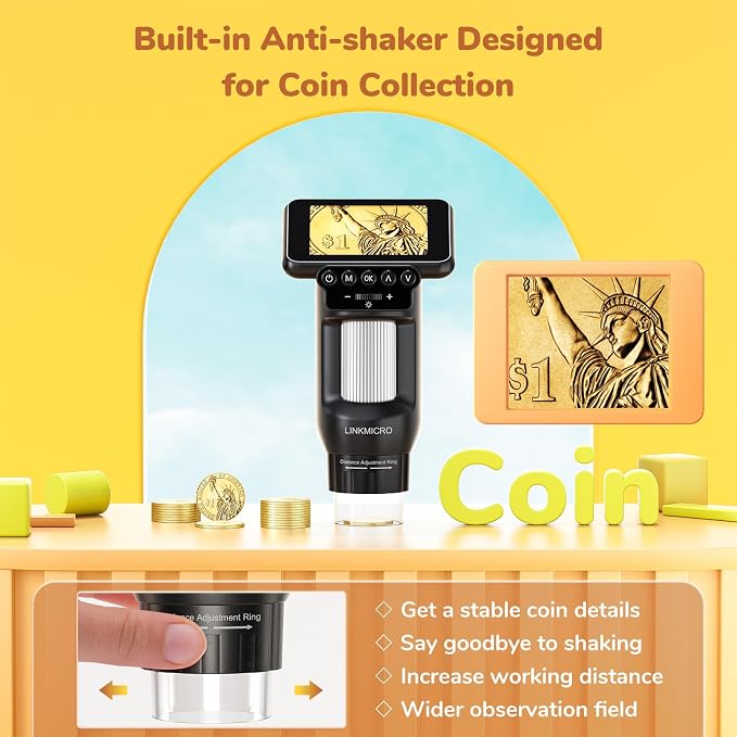 LM013 Digital Microscope for Adults Portable, Kids Handheld Microscope Camera with 2.8" Screen, Coins Magnifier with 8 LED, PC View, 32GB