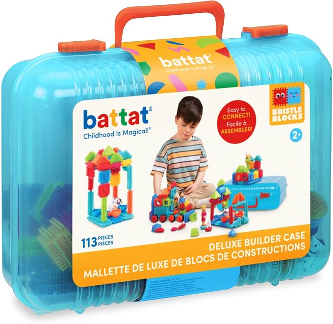 Battat Bristle Blocks Deluxe Builder Case, 113-Piece Building Toy, Playset | STEM interlocking building blocks with family and animal figurines in a reusable carrying case for storage and take-along