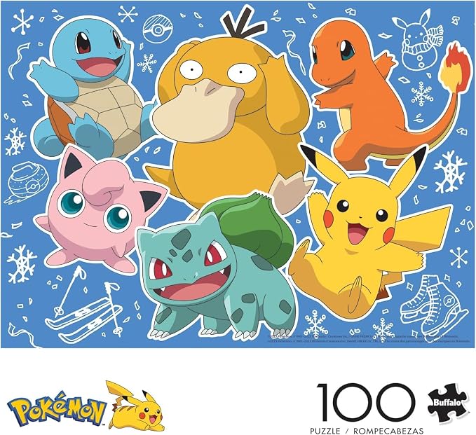 Buffalo Games - Pokémon Kanto Holiday - 100 Piece Puzzle for Kids Ages 6-8 | Made in USA, Recycled Board, Includes Poster, Giftable, Frameable Art