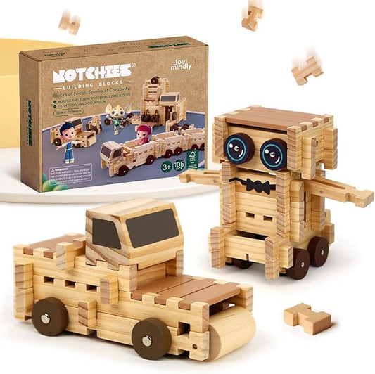 Jovi-mindly＆Notchies C117PCS Wooden Blocks Car Set Wooden Blocks with Wheels＆Vehicle Stickers|Preschool Learning Toys Wood Blocks Building for Kids Ages 3+ Creative Construction Birthday Toys Gifts