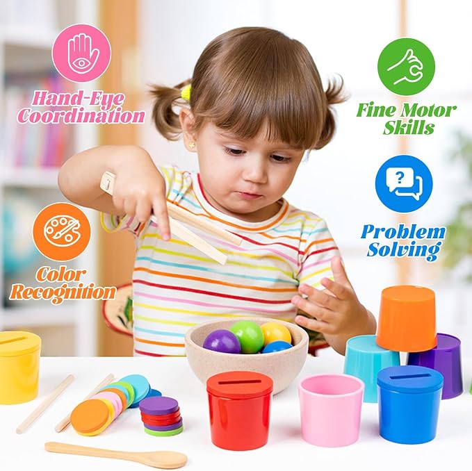 Ball in Cups Toddler Montesssori Toys, Rainbow Color Sorting Toy Coin Box Matching Game, Wooden Learning Color for Baby Toddler Fine Motor Developmental Sensory Toy