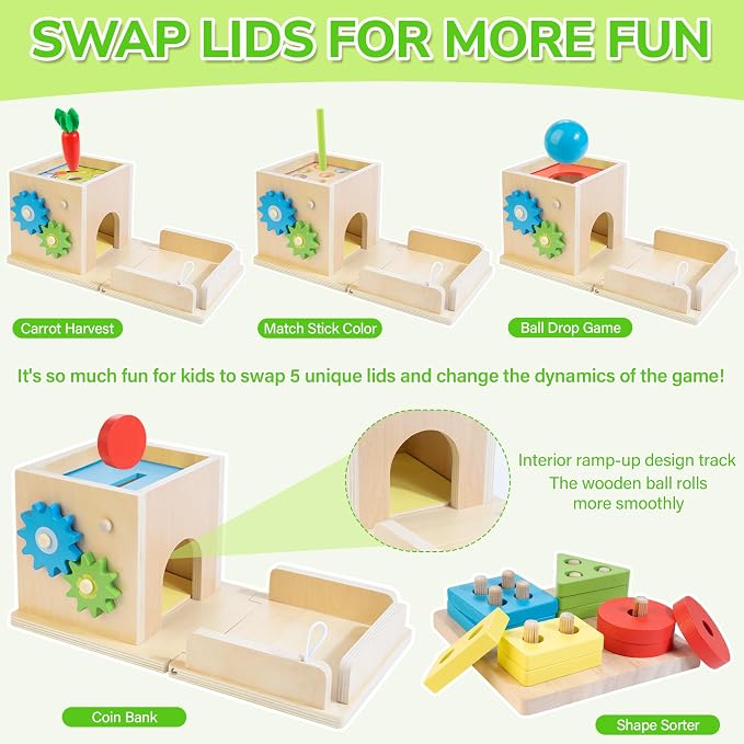 Wooden Montessori Toys for 1+ Year Old, 8-in-1 Toddler Learning Toy Set | Object Permanence Box, Ball Drop Coin Box, Carrot Harvest, Shape Sorting Toys, Gift for Baby Boys Girls Age 12+ Months
