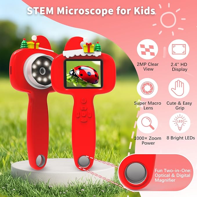 BLACKROOT Microscope for Kids, 2.4" Handheld Digital Pocket Microscope | STEM Educational Science Toys for Christmas Birthday Gifts for 3+ 4 5 6 7 8 9 10 11 12 Year Old Boys Girls, Red