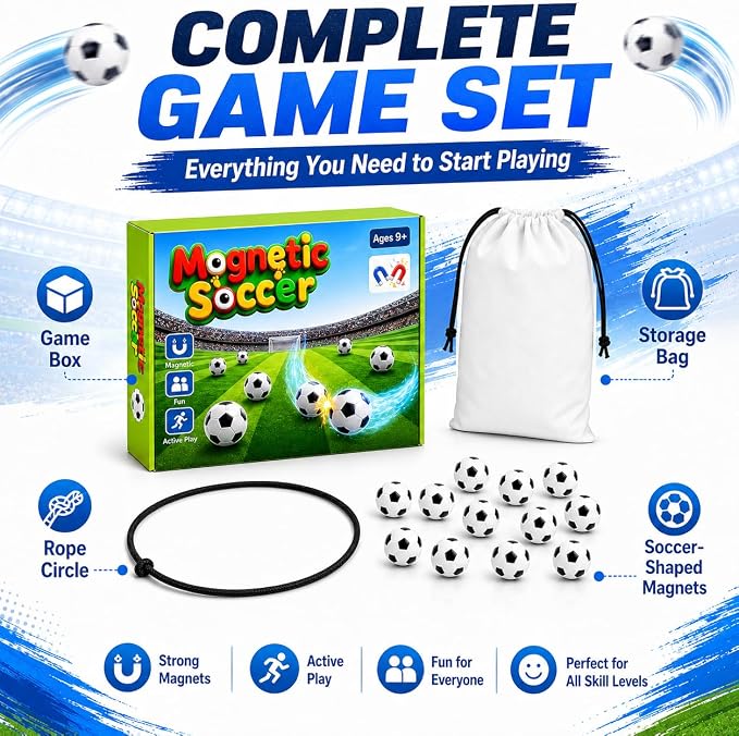 Soccer Magnetic Game with String, 20 Football-Shaped Stones, Strategy Puzzle Board Game for Kids and Adults, 2 Player Tabletop Game for Family Game Night, Travel, Camping, Parties