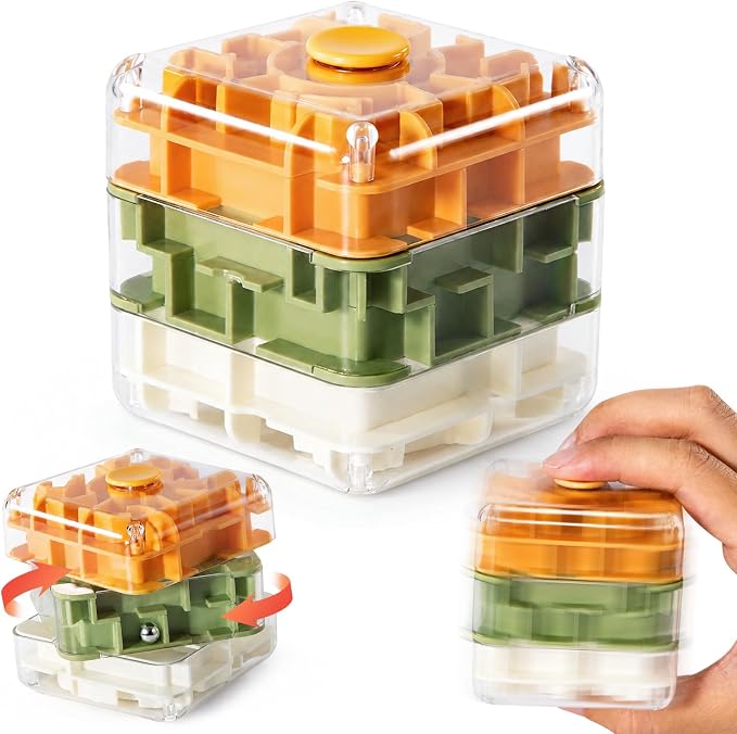 3 Layer 2 in 1 3D Rolling Ball Maze Cube, Kids Fidget Spinning Toys | Fidget Toy and Stress Toy, 3D Brain Teaser Puzzle Game Portable Activity Toy Birthday Gifts for Kids Ages 3-7+ Boys Girls