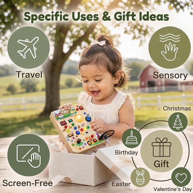 RichBoy Busy Boards, Lights Switch-Style, Wooden, 37-in-1, Medium | Toddlers Birthday Gifts, Montessori Toys, Autism Sensory, Fine Motor Skills, Educational Learning, Travel Essentials