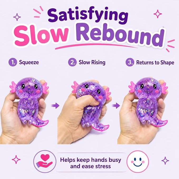 Axolotl Squishy Stress Ball, Soft TPR Slow Rising Squeeze Toy, Cute Axolotl Fidget Toy for Stress Relief, Anxiety Calming Sensory Toy for Kids Adults(Purple Long Tail Axolotl)
