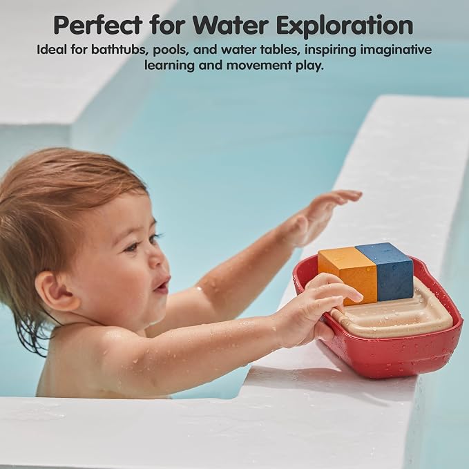 PlanToys® Cargo Ship Bath Toy for Toddlers Floating Boat Water Play Kids | floating boat, cargo blocks, cars bath toys, girls, boys, montessori educational, imaginative fine motor gift preschool set