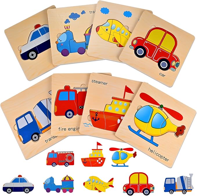 Wooden Puzzles for Toddlers 1-3, Toddler Puzzles Ages 2-4 | Montessori Toys for 1-3+ Year Old Learning Educational Preschool Toys for Boys Girls (Vehicle Theme)