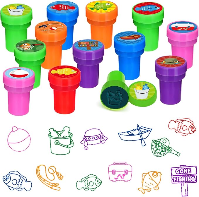 Cinrobiye 24 Pcs Gone Fishing Stampers Party Favor Set, Cute Fishing Theme Stamps for Kids Birthday Party, Classroom Rewards, Carnival Prizes, Goody Bag Fillers, Outdoor Adventure Party Supplies