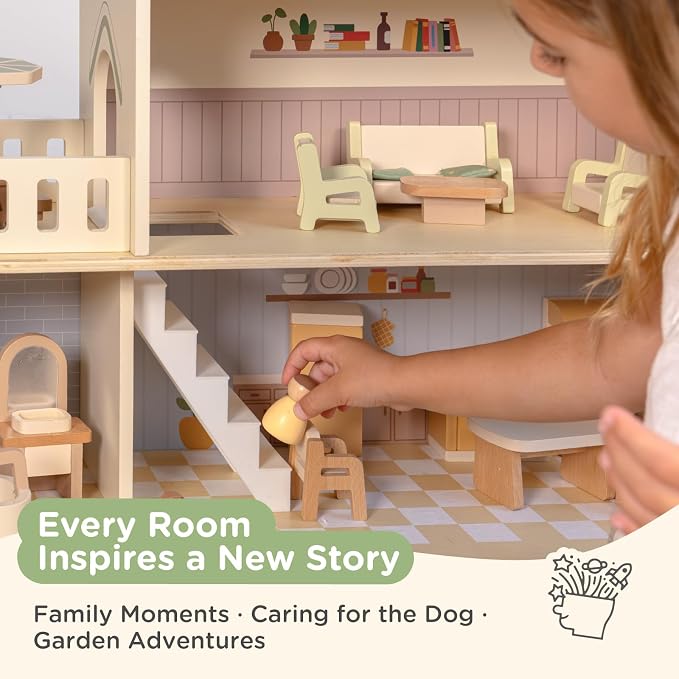Nene Toys Wooden Dollhouse, 3-Story Doll House for Kids Ages 3+ | 28-piece wooden dollhouse with furniture, family figures, dog, 3 levels, pastel rooms and pretend play for toddlers and kids