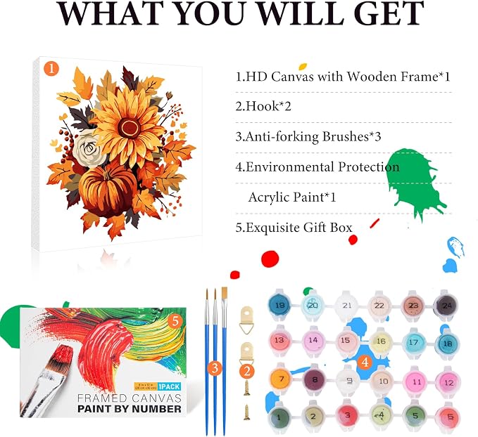 Fountor Fall Framed Paint by Numbers Kit for Adults Beginner 10x10 Inch | Acrylic Sunflower and Pumpkin Paint by Numbers Framed, For Adults & Kids Ages 8-12, DIY Stress Relief Home Wall Decor Gifts