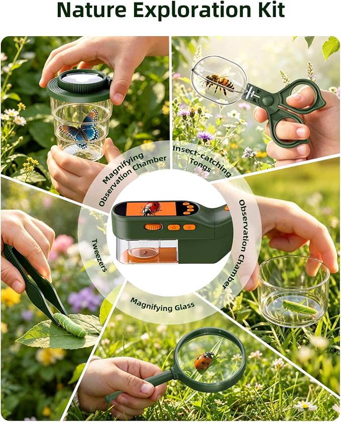 Ashfly Bug Catcher Kit for Kids, Handheld Microscope for Kids with Screen | No-touch catching with clear chamber, manual focus, photo/video and USB-C PC viewing for close-up insect observation