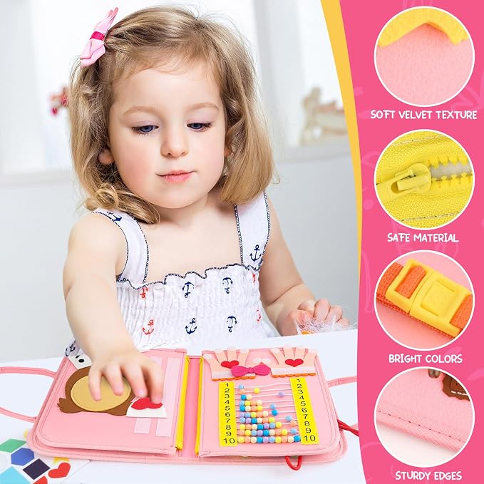 Toddler Busy Board, Montessori Sensory Toys for Boys, 3-8 Year Old Girl Toddler Travel Toys, Educational Learning Activities Board for Motor Skills, Birthday Gifts for Airplane Car, Pink