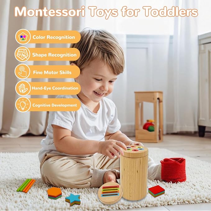 Montessori Shape & Color Sorting Montessori Toys for Toddlers 3, Wooden Fine Motor Skills Sensory Toy Preschool Learning Toys Travel Gift for Boys and Girls (Wooden Set)