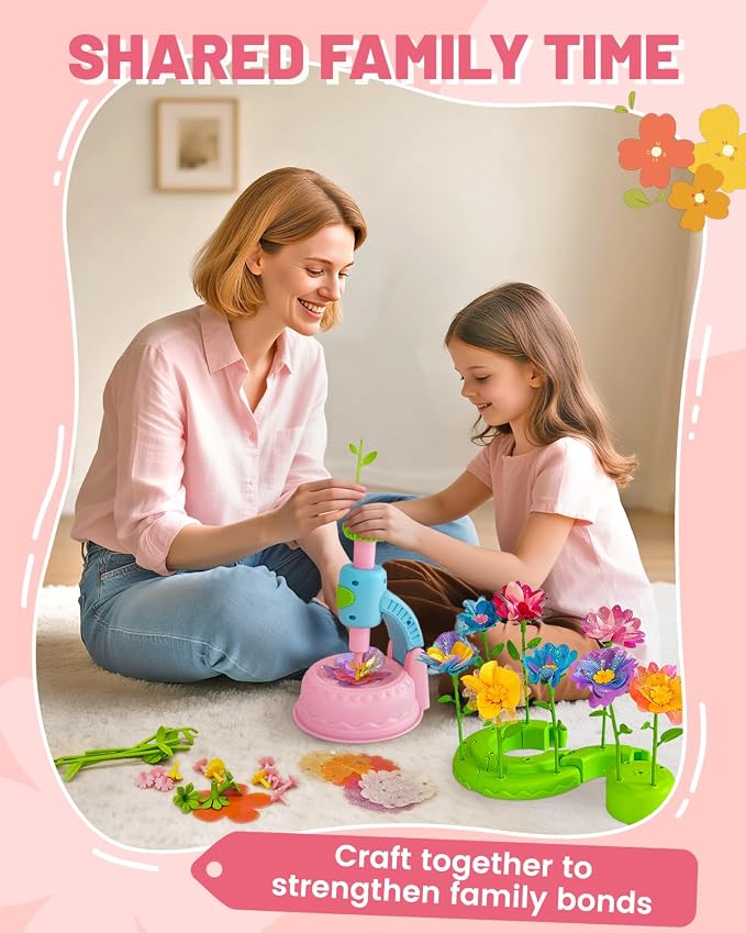 Glowsprout DIY Flower Bouquet Maker Kit with Fabric Petals for Girls, Pink | Easy-press flower maker with colorful fabric petals and stems for bouquets, baskets and creative gifts for girls ages 3-12