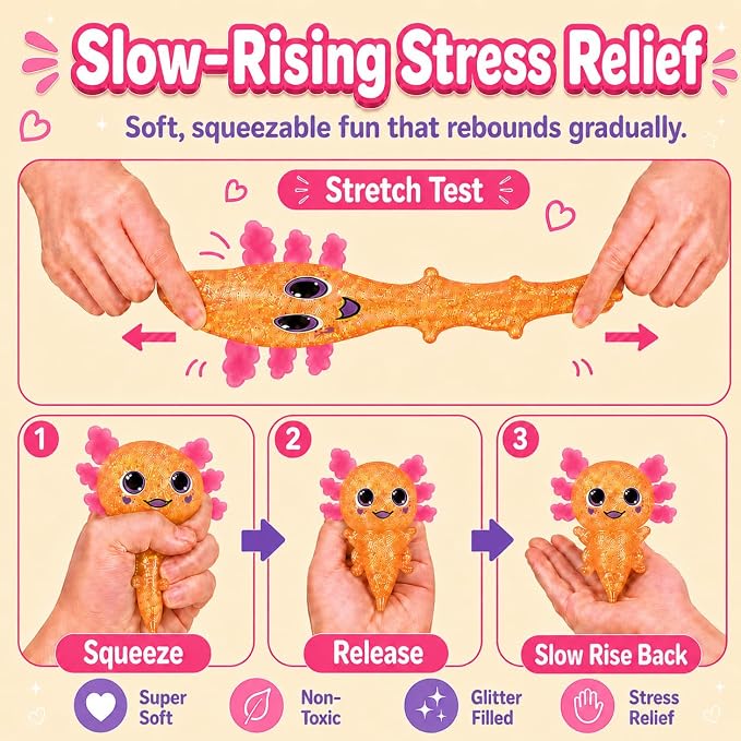 Axolotl Squishy Stress Ball, Soft TPR Slow Rising Squeeze Toy, Cute Axolotl Fidget Toy for Stress Relief, Anxiety Calming Sensory Toy for Kids Adults(Orange BigEars Axolotl)