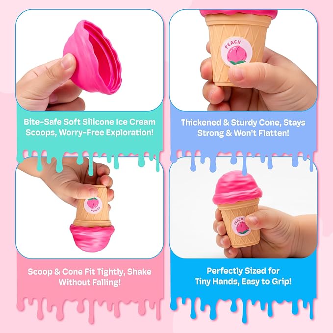 JoyCat Ice Cream Sorting and Stacking Pretend Play Toy Set, 5 Cones | Stack scoops, match colors and serve pretend ice cream while practicing counting and fine motor play