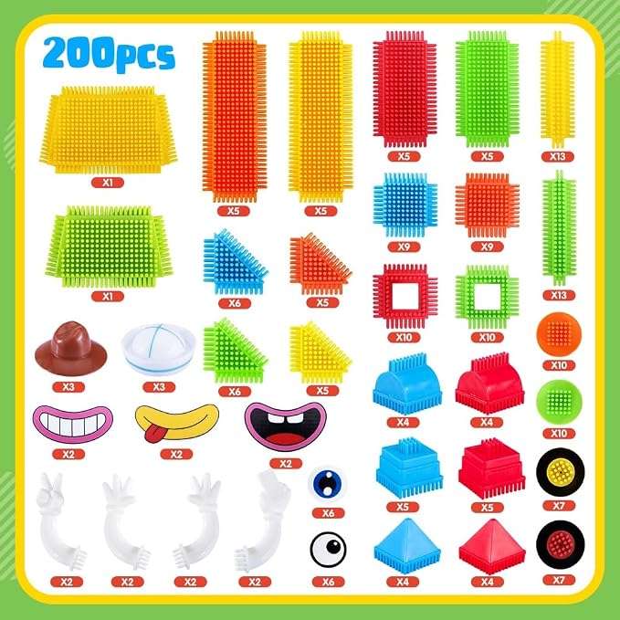 teytoy 200Pcs Building Blocks Toys,Bristle Shape Building Blocks Set | STEM Interlocking Construction Learning Toys Pretend Play for Kids Ages 3+