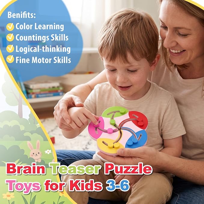 Wooden Montessori Toys for 2 3 4 5 Year Old | Color Sorting Bead Maze Board, Fine Motor Skills Preschool Learning Activities, Travel Game for Toddlers
