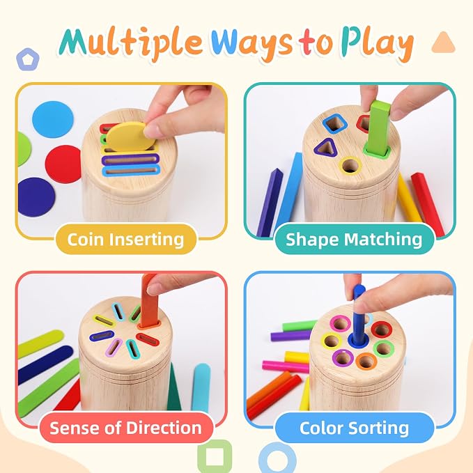 4 in 1 Wooden Color Sorting Toy, Montessori Toys for 2 3 4 Year Old | Fine Motor Skills Preschool Learning Sensory Toys for Toddlers 1-3, Educational Sorting Matching Games, Baby Boys Girls Gifts