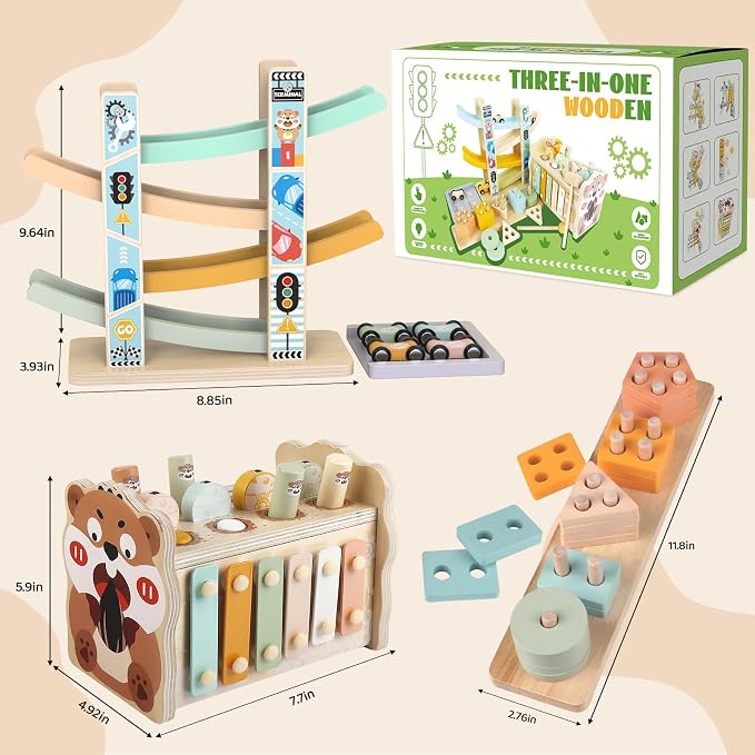 Montessori Wooden Toys for Toddler, Pounding Hammer, Car Ramp, Shape Sorter | Xylophone, magnetic fishing game, rotating gears, fine motor play, hand-eye coordination, birthday gifts for boys and girls