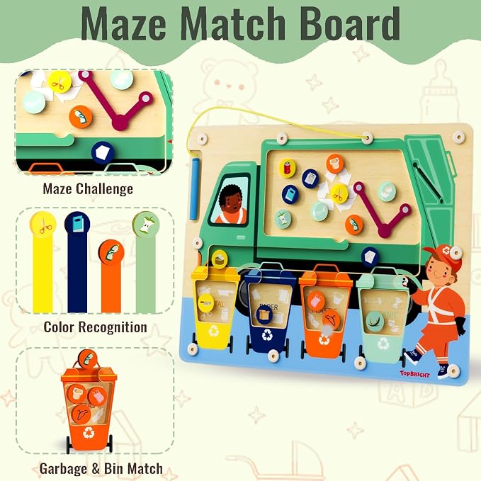 TOP BRIGHT Magnetic Garbage Sorting Maze Toy, Montessori Toy for Kids 2-5 | Wooden trash recycling game, Develop fine motor, STEM toy, Portable travel toy, Screen-free, Garbage truck toy gift
